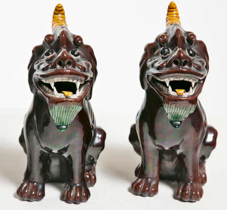 20th Century Large Pair of Aubergine Kylin Chinese Porcelain Dogs, circa 1920s-1930s