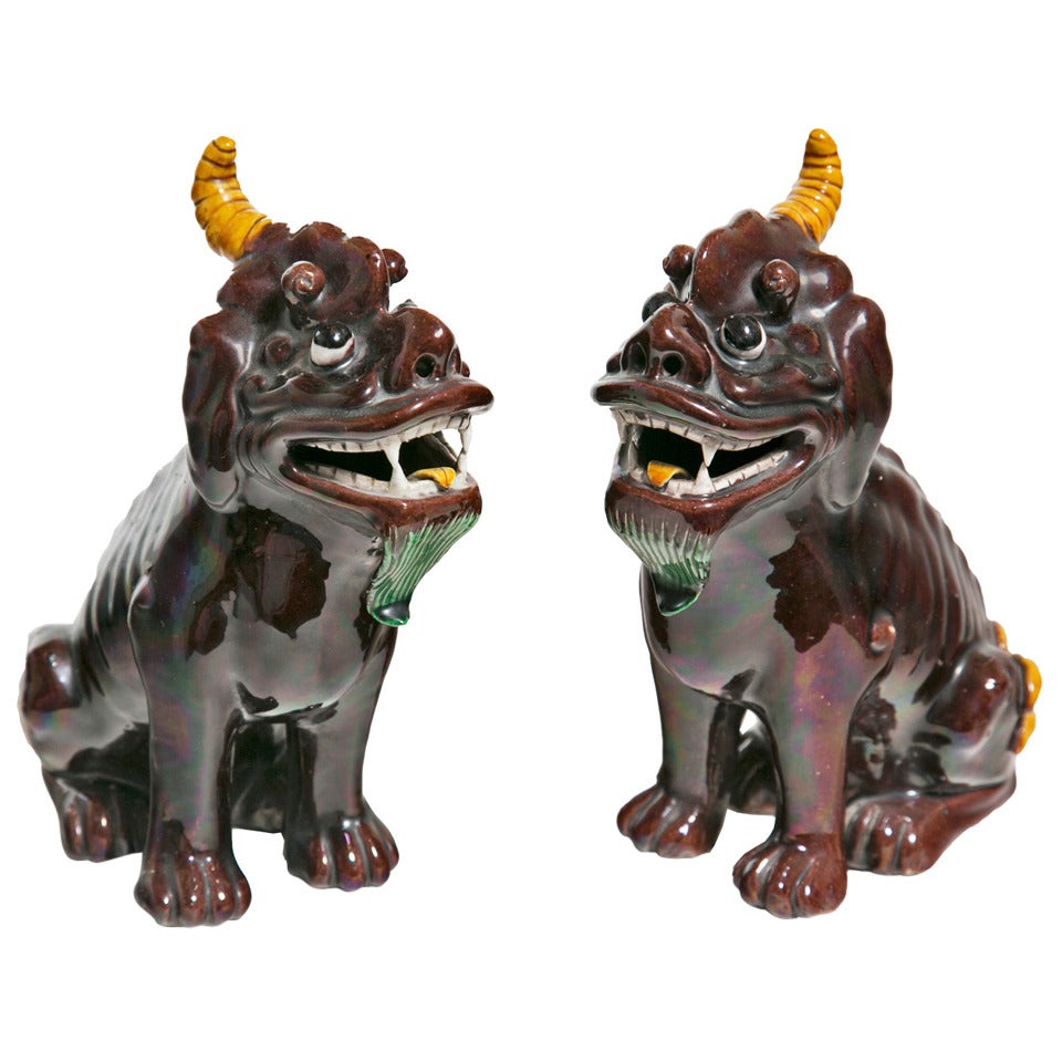 Large Pair of Aubergine Kylin Chinese Porcelain Dogs, circa 1920s-1930s