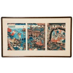 Antique Yoshitsuya, Frog Battle Japanese Woodblock Triptych