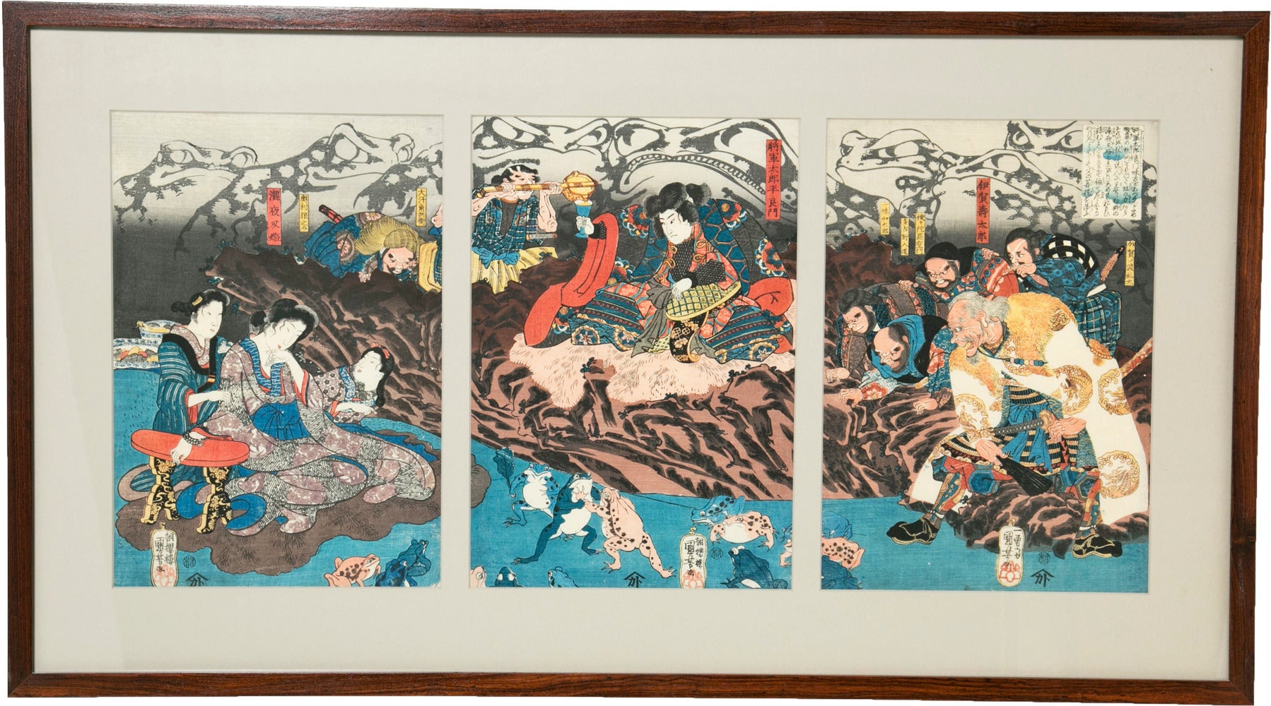Japanese Woodblock Print Tryptich  Of Frogs Wrestling With Spirit Frogs And People