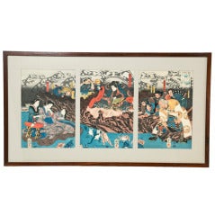 Antique Japanese Woodblock Print Tryptich  Of Frogs Wrestling With Spirit Frogs And People
