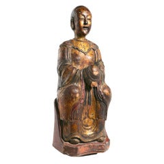 Large Chinese Carved Wood Figure In Gold And Lacque.  Possibly An Nun Or An Ancestor.