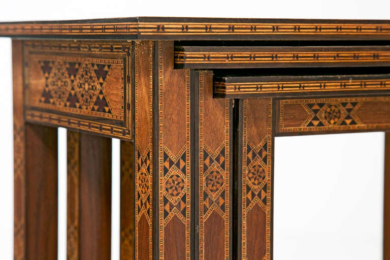 Classic inlaid ottoman set of tables probably made about 1920.  medium table - H18.5 W19 D11.5
small table - H17.5 W15 D10