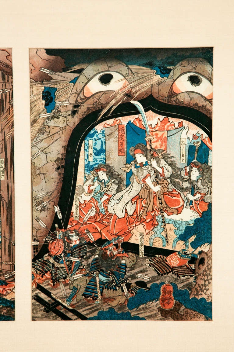 19th Century Yoshitsuya, Frog Battle Japanese Woodblock Triptych