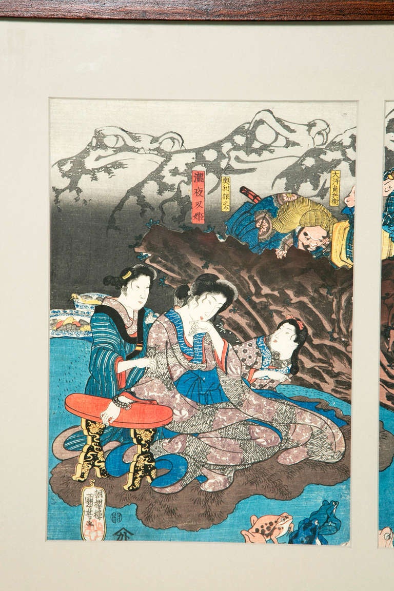 Japanese Woodblock Print Tryptich  Of Frogs Wrestling With Spirit Frogs And People