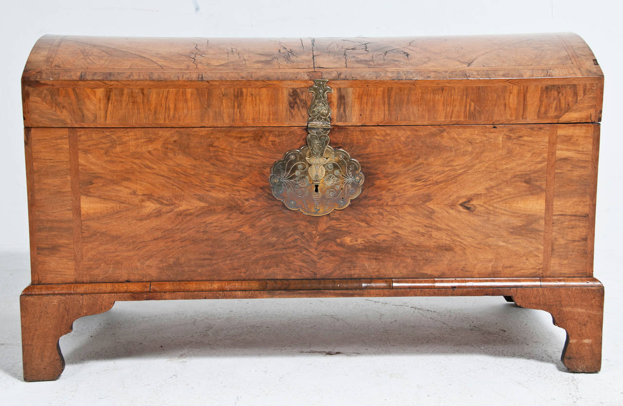 A large rare and beautiful early Queen Anne 18th century domed walnut trunk or chest made in England or possibly Holland. This piece has nice faded color and what appears to be original hardware. Great storage.