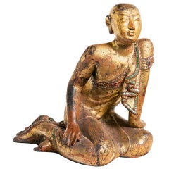 Thai Carved Gilded and Lacquered Monk with Inset Glass