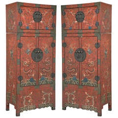 Pair of Chinese Lacquered Scarlet Compound Cabinets