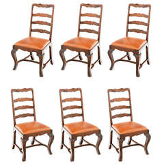 Set of Six Italian Ladder Back Leather Upholstered Chairs, Four 18th Century