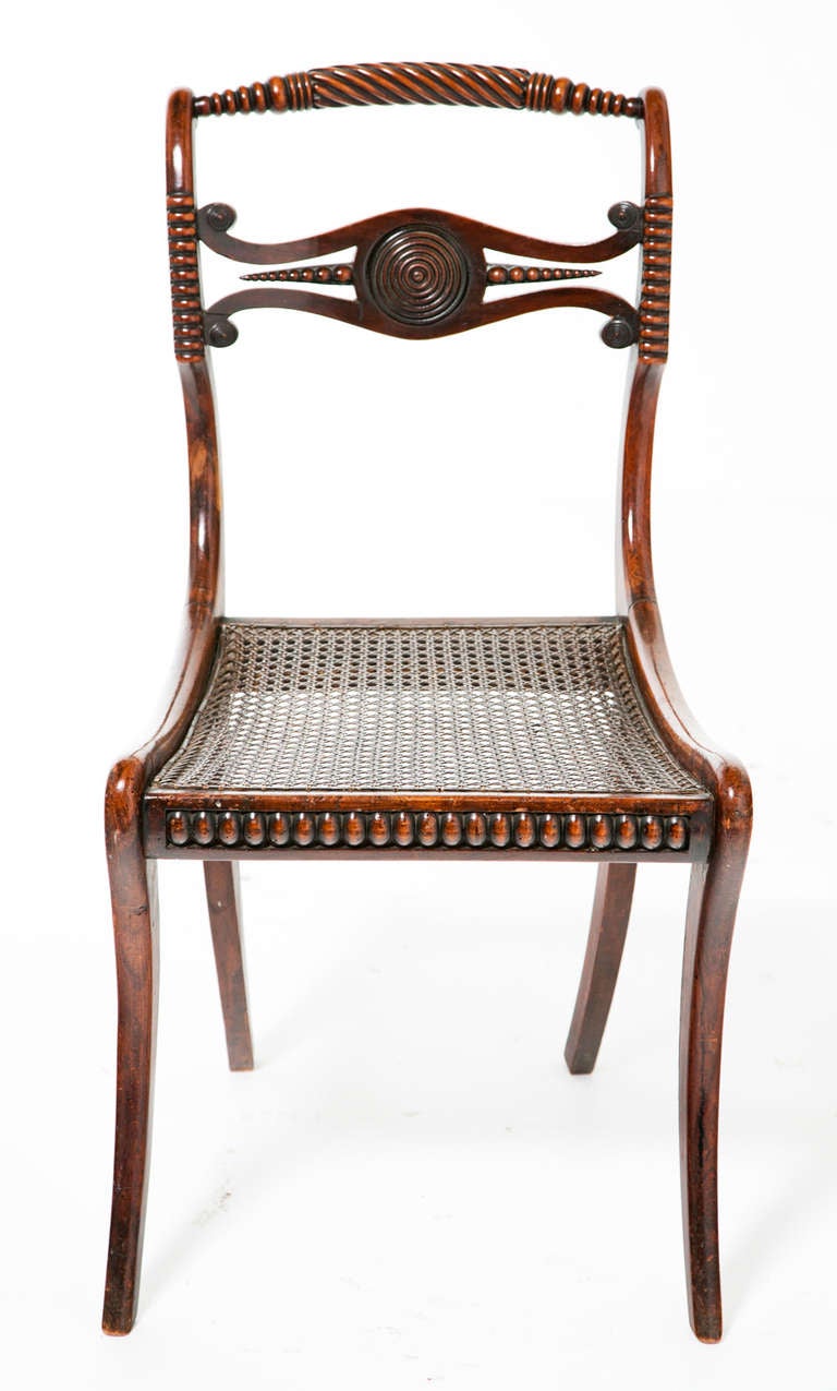 19th Century Regency Faux Bois Beech Chairs with Saber Legs and Caned Seats