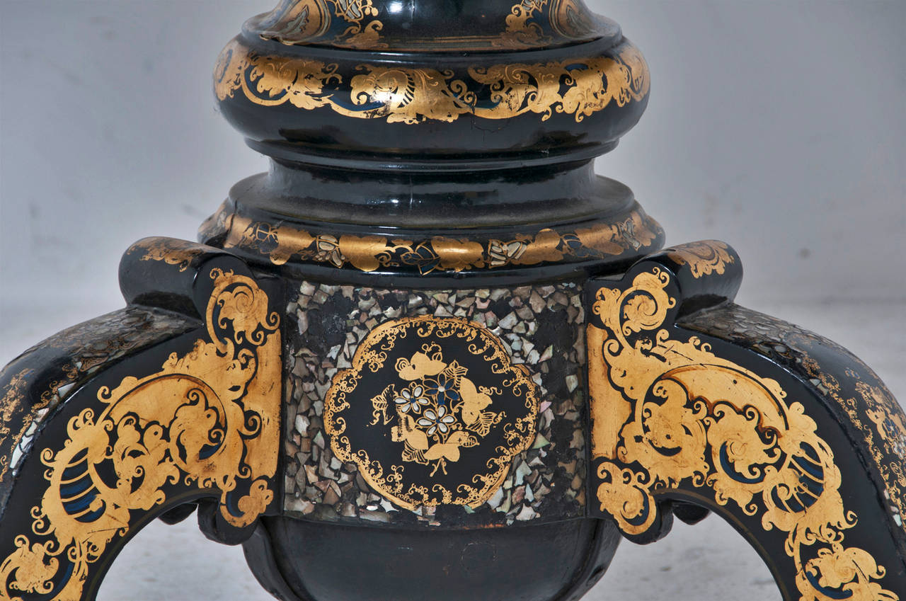 English Lacquered, Painted, Gilt Inlaid Victorian Center Table, circa 1860