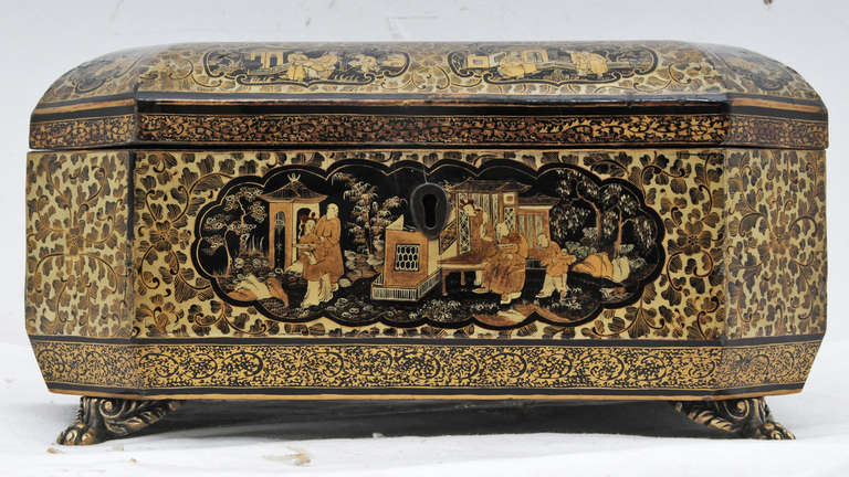 An unusual and fairly complete Chinese export lacquer and gilt  sewing box with elaborate decoration and a fair number of original fittings.  Made about 1880.  Boxes like these are rare because they are fragile and usually the gold decoration is