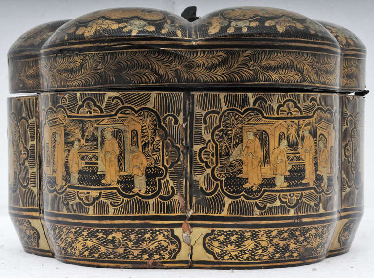 A very rare lacquered and gilt  Chinese Export tea caddy in the shape of a melon with original pewter liner.  China circa 1860