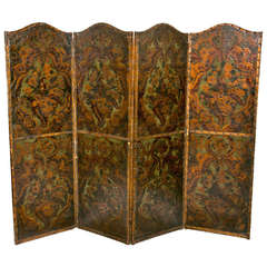 Antique Spanish Tooled Gilt and Painted Four-Panel Screen