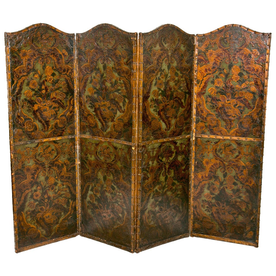 Spanish Tooled Gilt and Painted Four-Panel Screen
