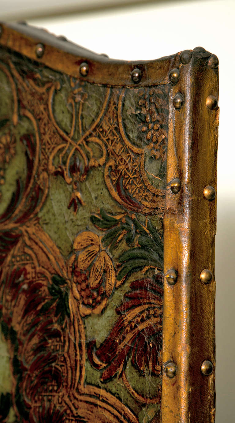 Baroque Spanish Tooled Gilt and Painted Four-Panel Screen