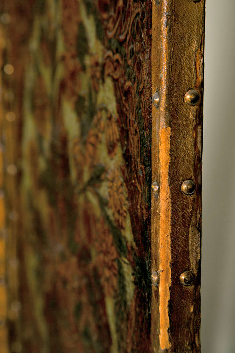 19th Century Spanish Tooled Gilt and Painted Four-Panel Screen