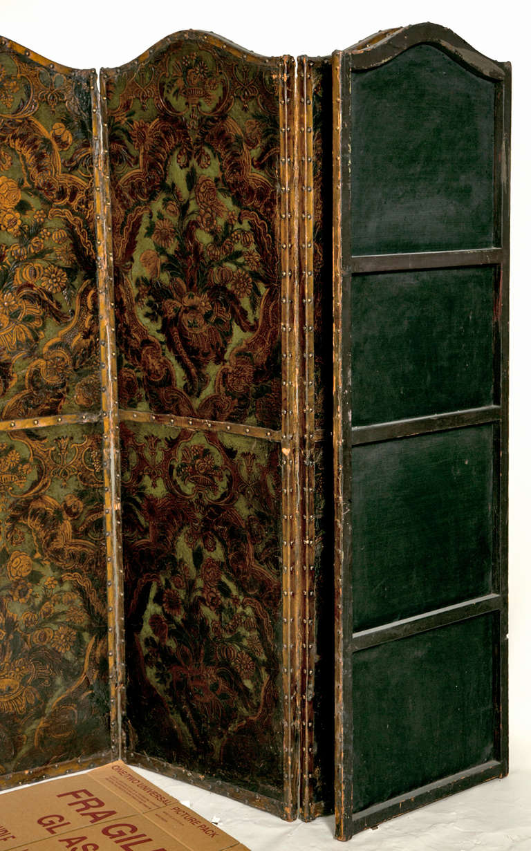 Leather Spanish Tooled Gilt and Painted Four-Panel Screen