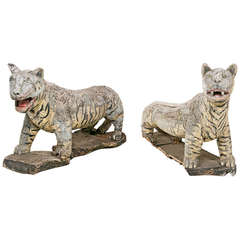 Rustic SE Asian Wooden Life Size Tigers