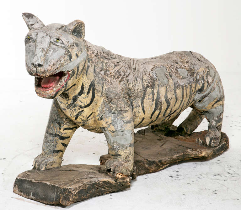 Rustic SE Asian Wooden Life Size Tigers In Fair Condition In San Francisco, CA