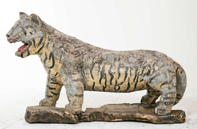 20th Century Rustic SE Asian Wooden Life Size Tigers