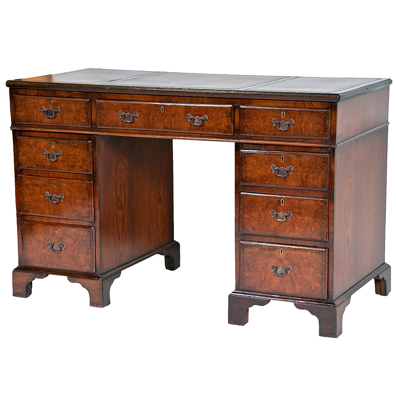 English Walnut and Burled Walnut Pedestal Desk, c. 1900