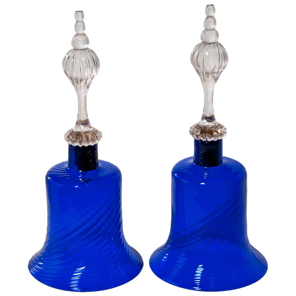 Pair of Blue Nailsea Glass Bells