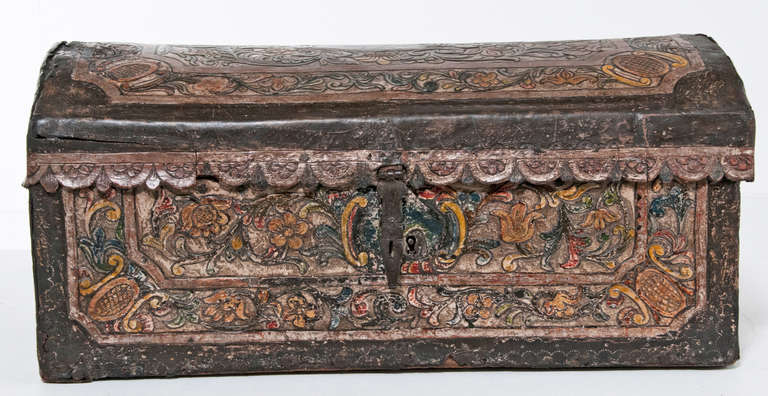 Spanish colonial antique painted leather covered trunk made in the 19th century.