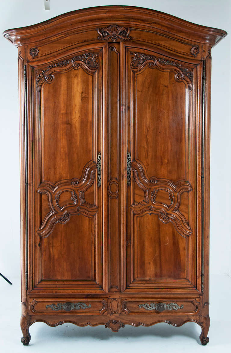 A rare and carved 18th century French Chateau armoire. Unusually large with great color and patina. From a collection formed in the 1970's. Beautifully shaped raised panel doors standing on cabriole legs. With steel hardware Some shelves replaced.