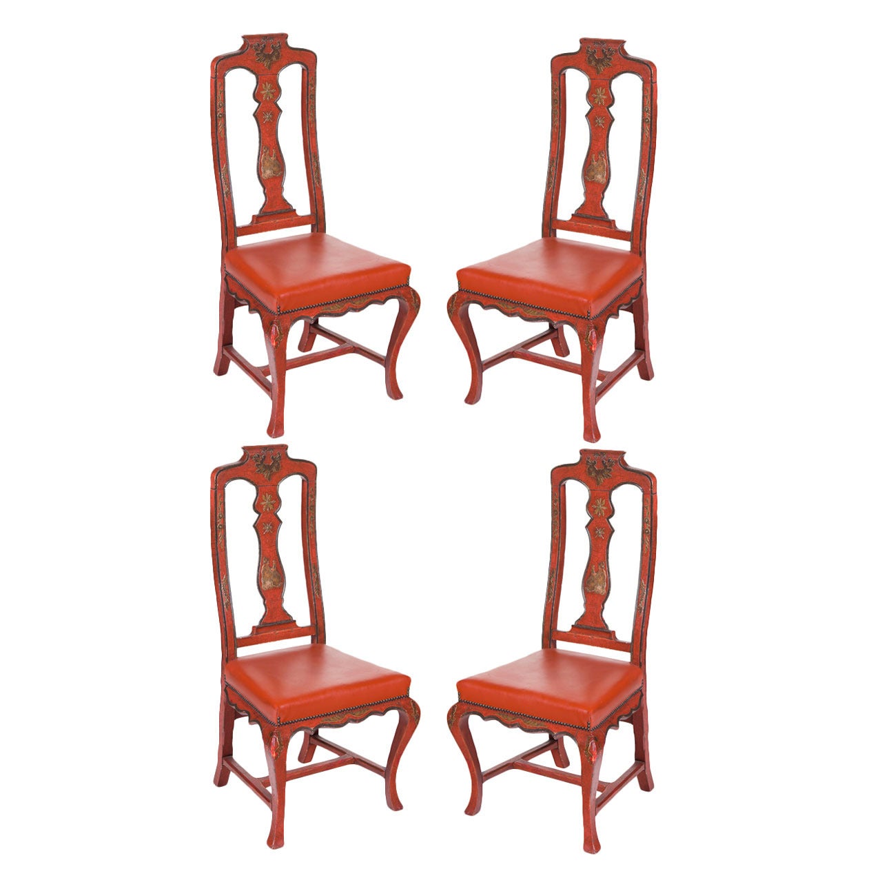 Four Vintage Red Italian Japanned Chairs, circa 1920