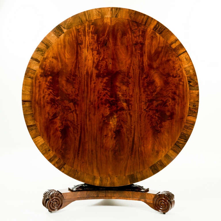 Round Regency period tilt-top table with deep carved detail to pedestal, base and scrolled feet. Possibly Scottish.