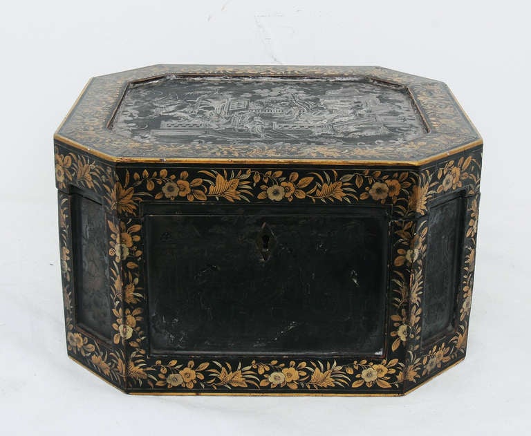 18th century Chinese silver and lacquer tea caddy with original pewter liner and exceptionally rare and fine decoration in silver and gold on black lacquer.  The quality of decoration makes us think it was made about 1780.