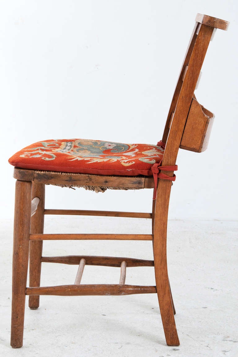 19th Century 4 provincial French chestnut school  Chairs with Tapestry Cushions c. 1840