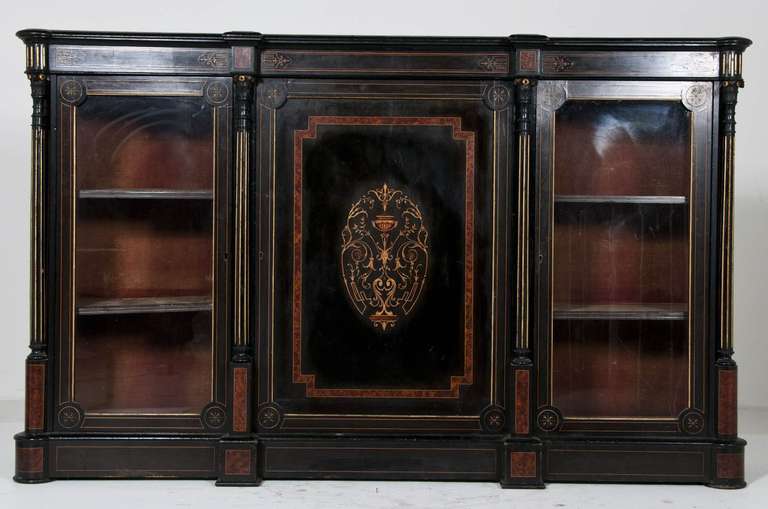 19th Century Ebonized Inlaid Victorian Breakfront Cabinet