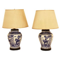 Pair of Antique Blue & White Lamps