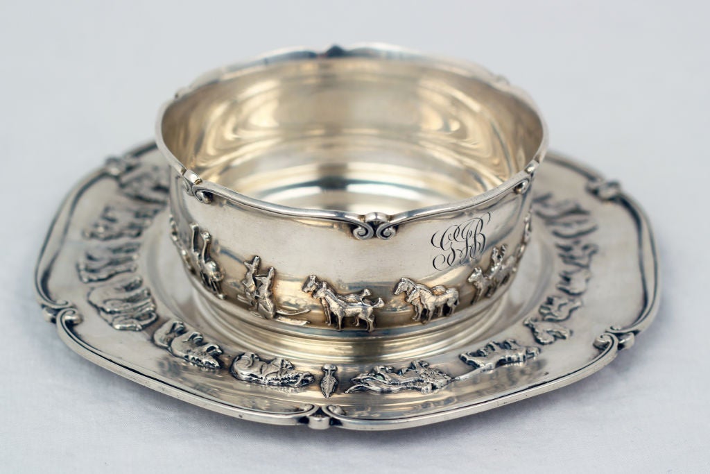 A charming sterling bowl and plate featuring the story of Noah's Ark in relief. Gifts like these where made only to the wealthiest children when a silver spoon simply was not good enough.