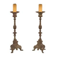 Pair of Baroque Silvered Bronze Candlestick Lamps
