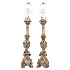 Pair of Italian Silver Gilt Carved Wood Pricket / Lamps