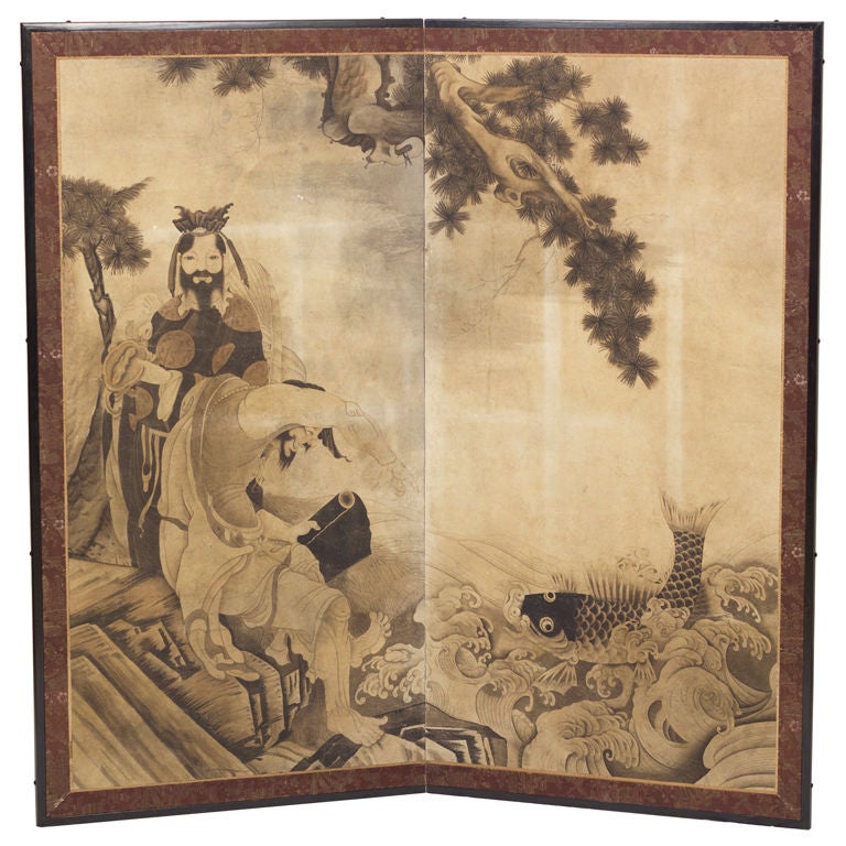 'Good Luck Fisherman' Japanese Screen, circa 1890