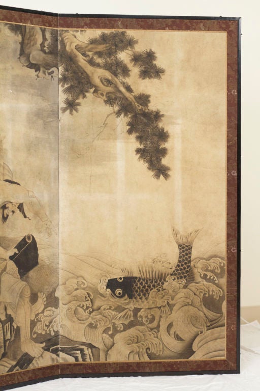 Paper 'Good Luck Fisherman' Japanese Screen, circa 1890
