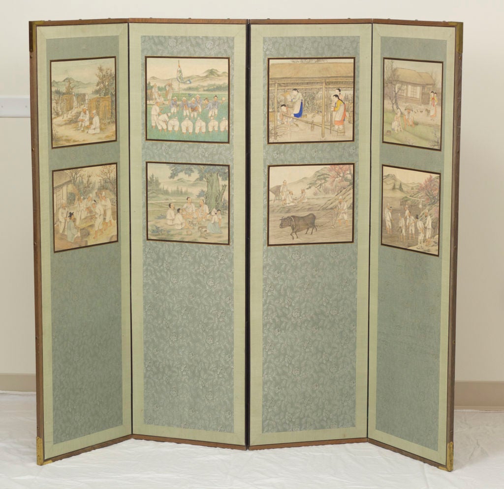 Eight Antique Korean paintings mounted on a four panel screen on silver celadon fabric ground in wooden frame with gilt metal mounts.  The paintings depict every day scenes of life about 120 years ago.   Less than 2% of our inventory is shown here