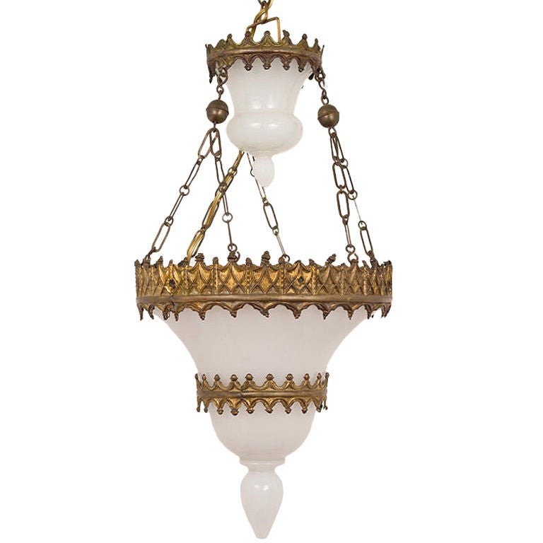 A chic Continental gothic revival opaline lantern with gilt brass frame and canopy.  Perfect for an entry.