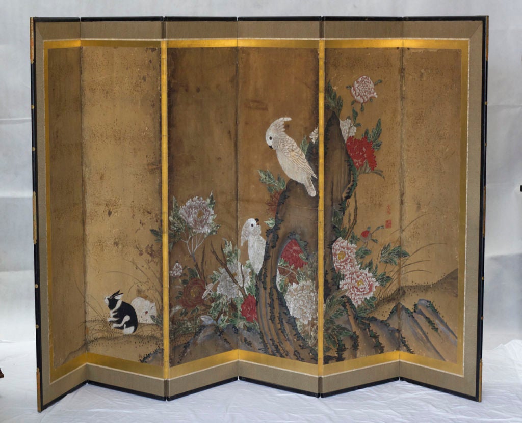 19th Century Meiji Japanese Six Panel Screen of Birds, rabbits and flowers.
