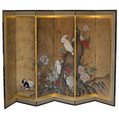 Antique 19th Century Meiji Japanese Six Panel Screen of Birds, rabbits and flowers.