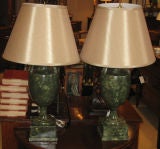 Pair of Carved Wood Green Faux Marble Urn Lamps