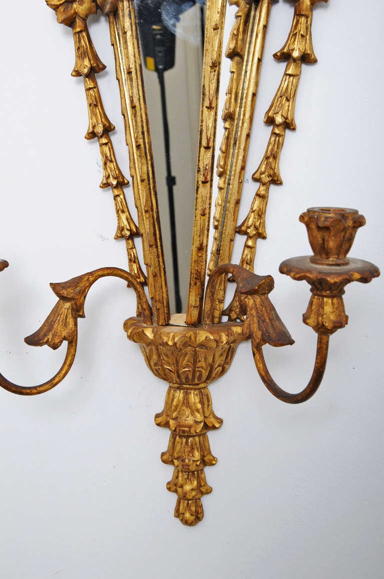 Neoclassical Pair of Mirrored Gilt Wood Sconces