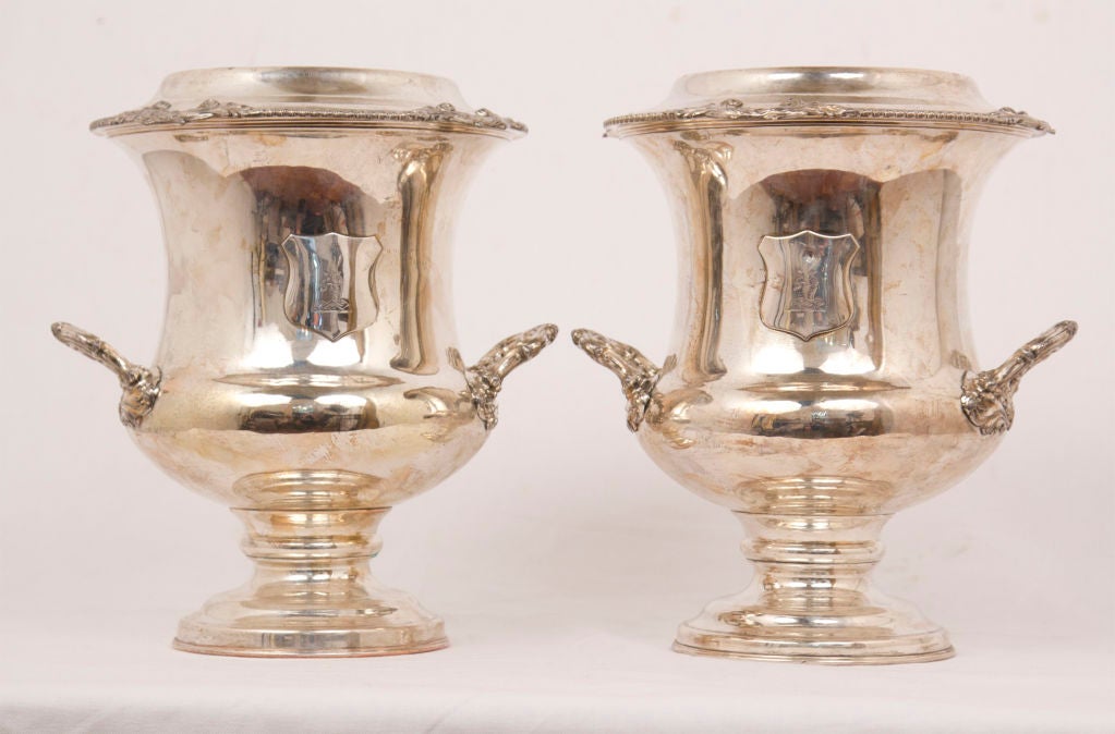 Pair of early 19th century Regency period English Sheffield plate wine coolers.