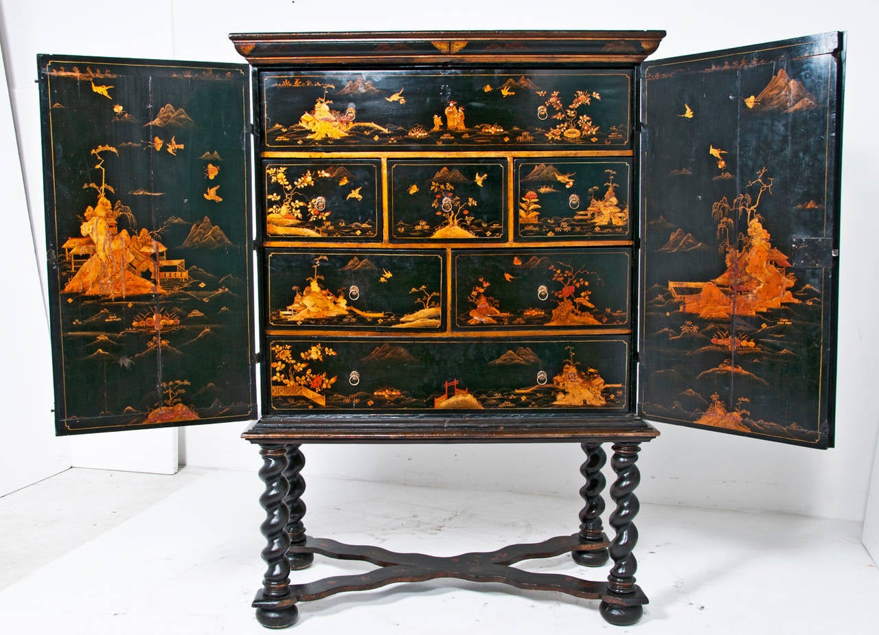 European Great Period Dutch or English Chinoiserie Lacquered Cabinet on Stand