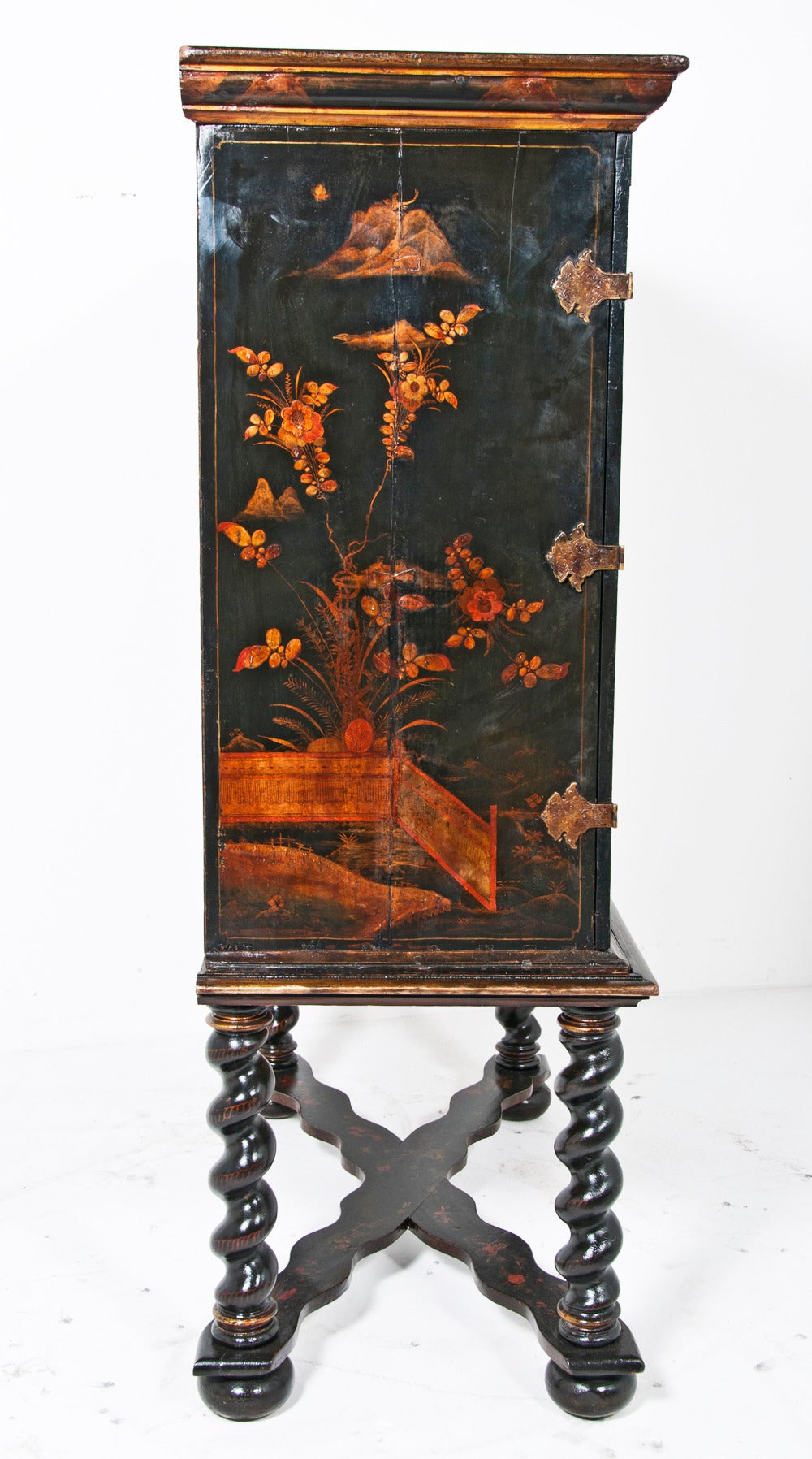 Wood Great Period Dutch or English Chinoiserie Lacquered Cabinet on Stand
