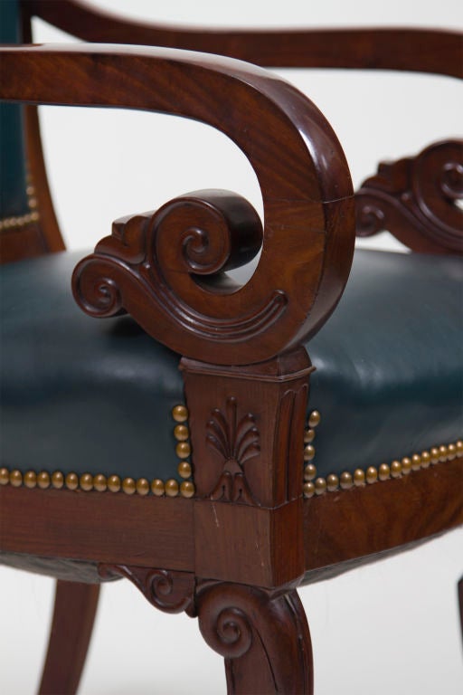 Restauration Six Mahogany and Leather French Armchairs, 19th Century